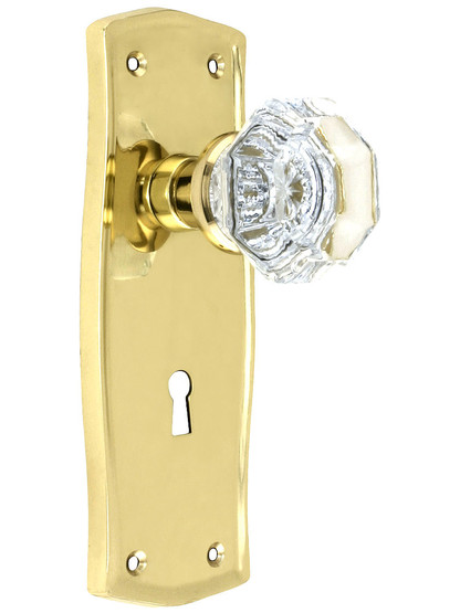 Prairie Design Mortise Lock Set With Waldorf Crystal Knobs in Polished Brass.